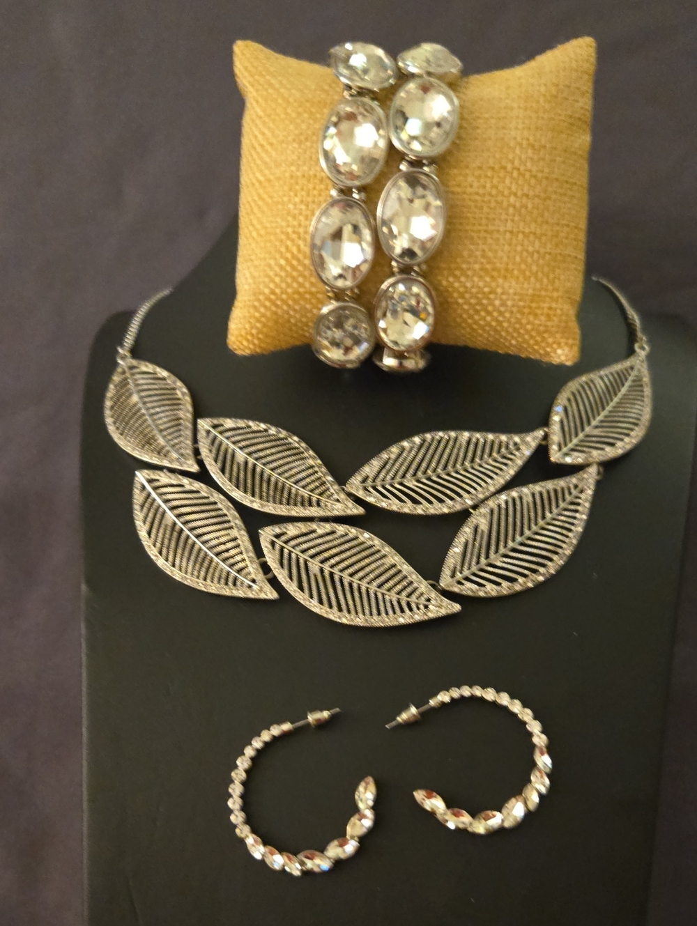 Silver Leaf Statement Necklace Set with Crystal Hoop Earrings and Bracelet
